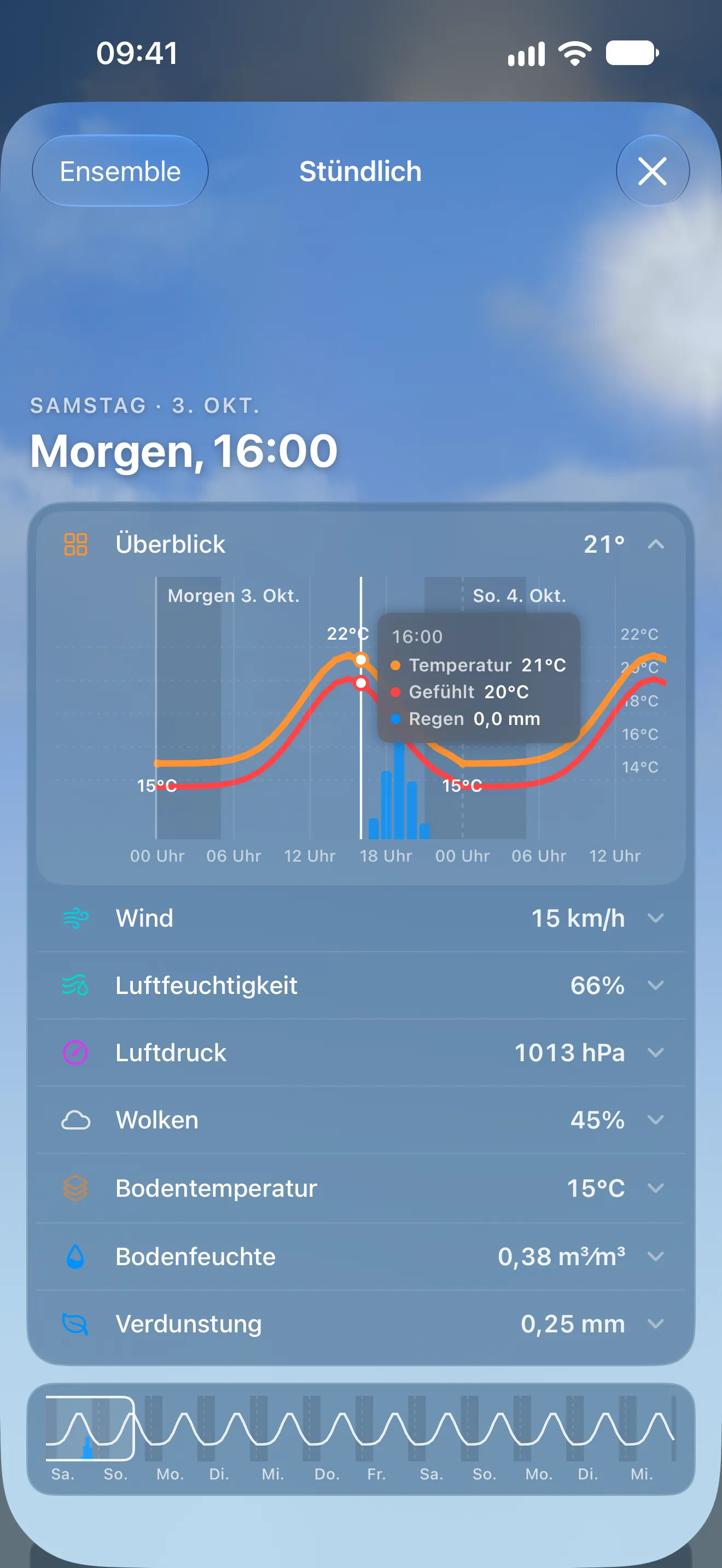 Stundenansicht mit Diagramm für Temperatur und Regen