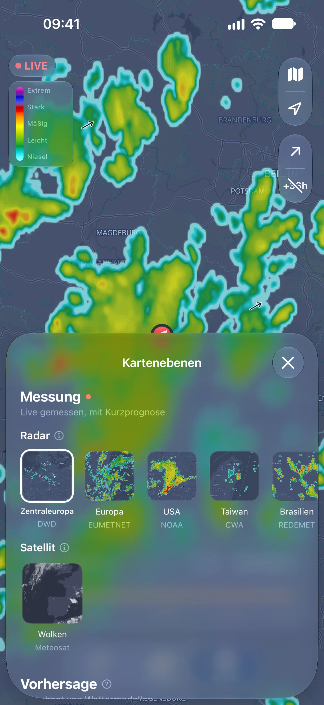 Auswahl der Kartenebenen mit Radarregionen, Satellit und Vorhersage