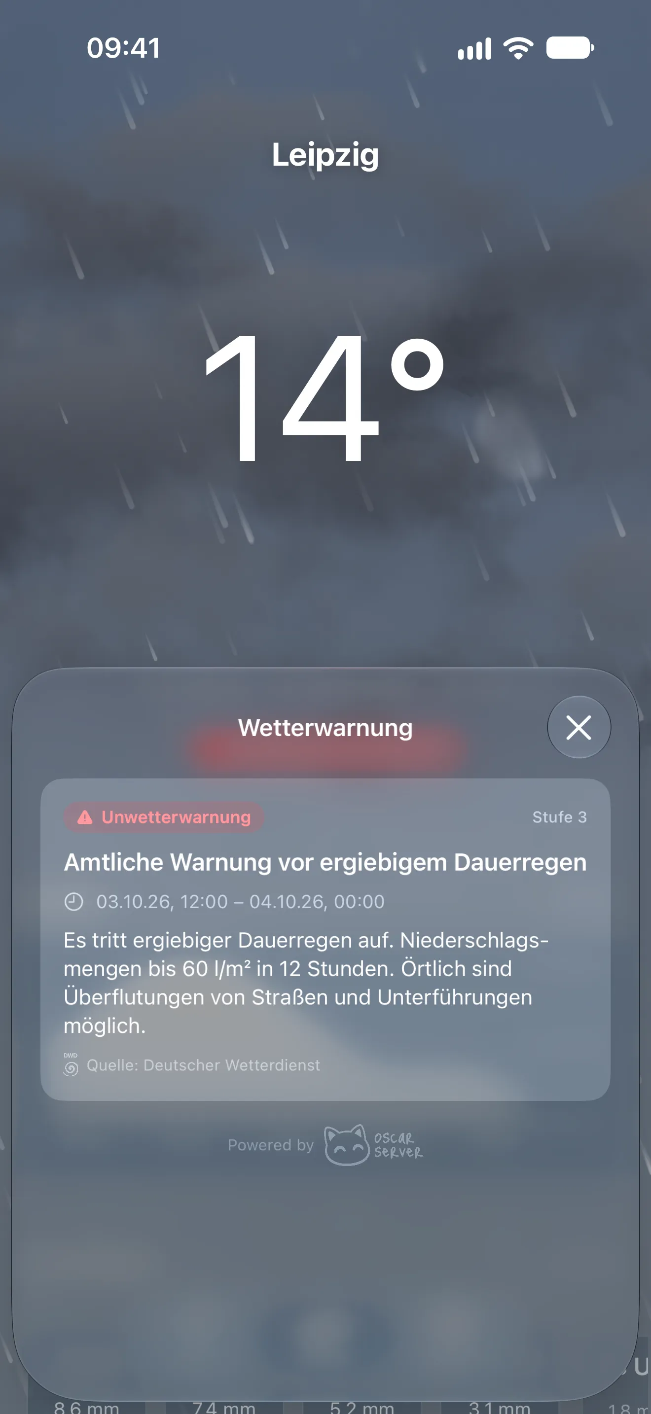 Amtliche Warnung des DWD vor ergiebigem Dauerregen in Oscar