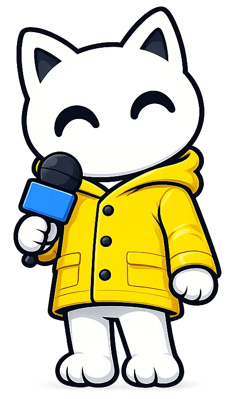 Oscar, a white cat in a yellow raincoat holding a microphone